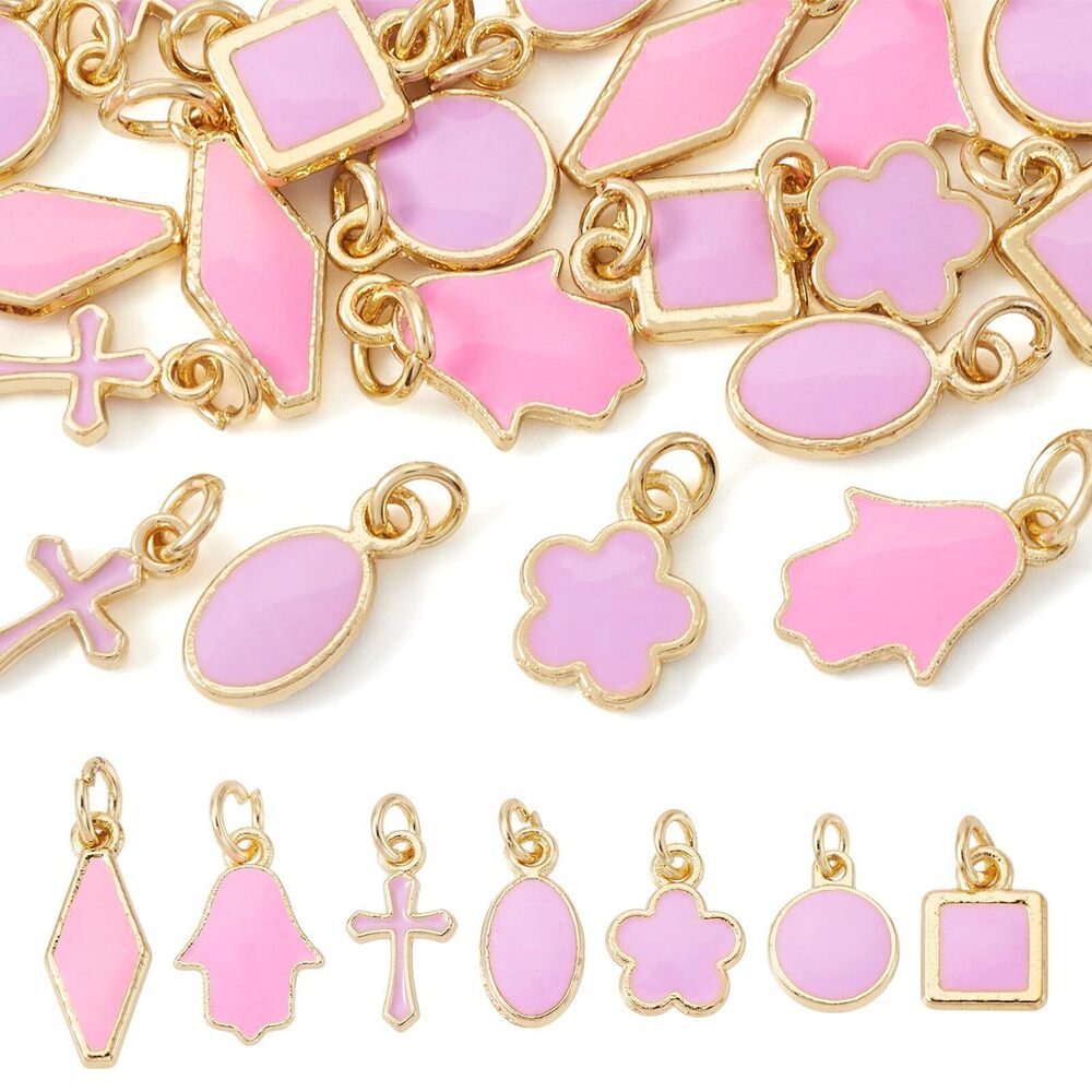 9403 Pandahall 21Pcs Assorted Enamel Charms Brass Cute Pink Geometric Hamsa